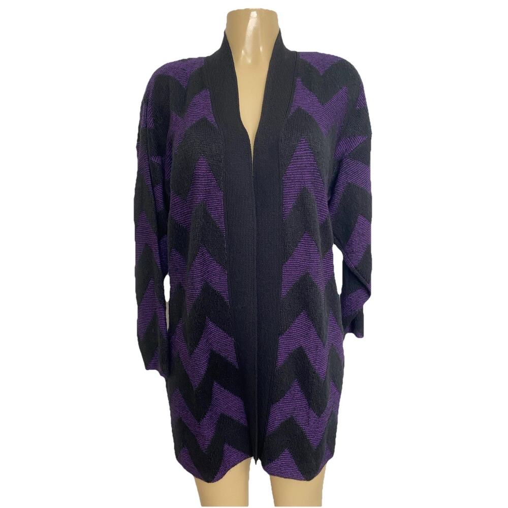 ST JOHN Knit Cardigan Open Sweater Purple Black Chevron Pockets Vintage S P